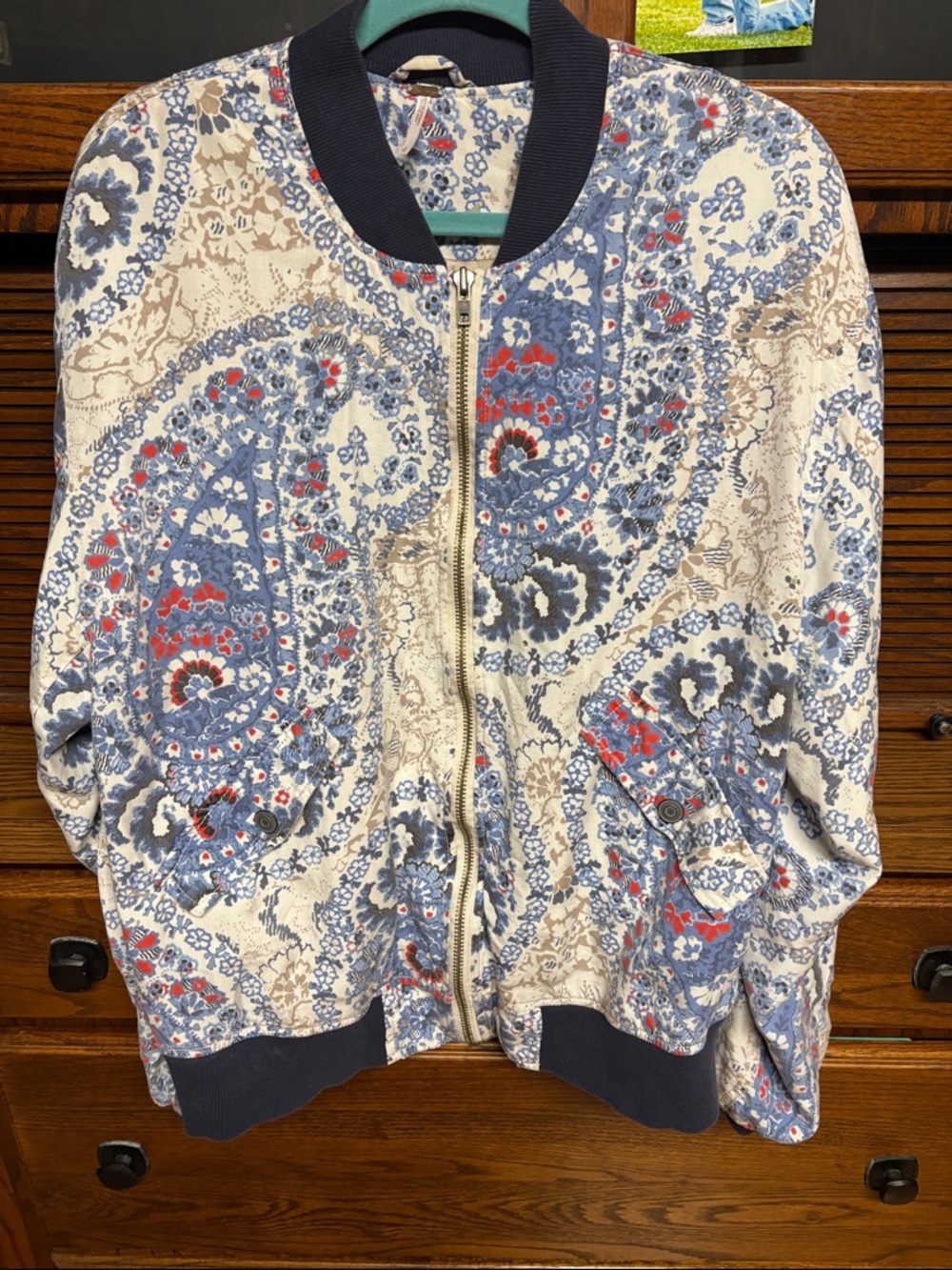 Free People Navy, Blue & Cream Paisley Bomber Jacket, L, like new